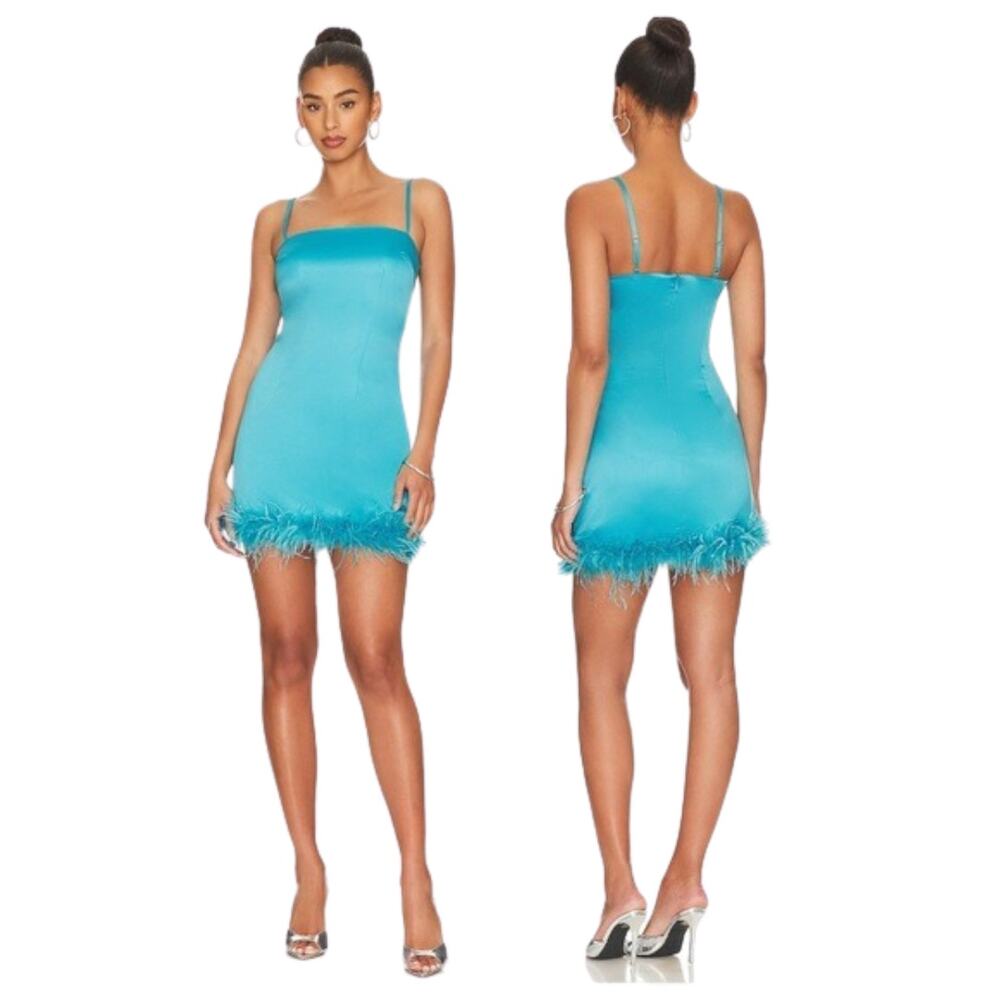 More To Come Maliah Shift Mini Dress Satin Feather Trim Fairy Party Hoco S